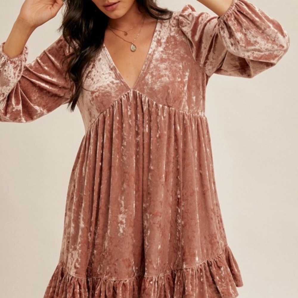 Hem & Thread Velvet Long Sleeve Dress in Dusty Rose